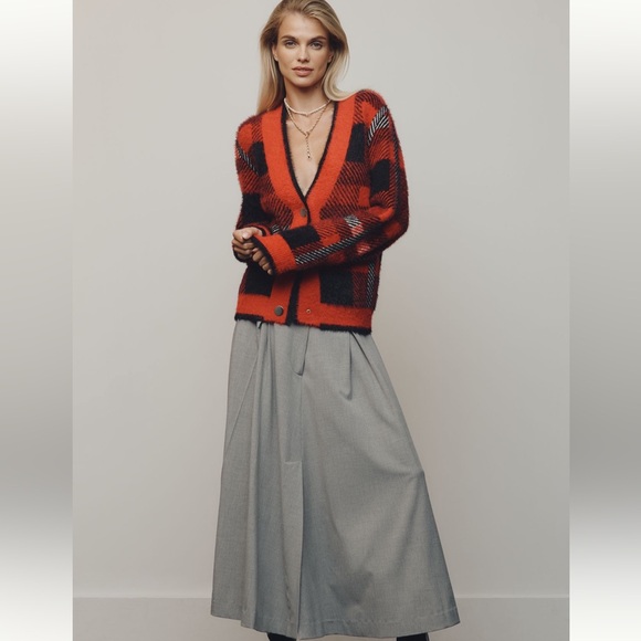 Boutique x Royal & Reese Cardigan Sweater Buffalo Check Plaid Red& Black Medium - Picture 6 of 10